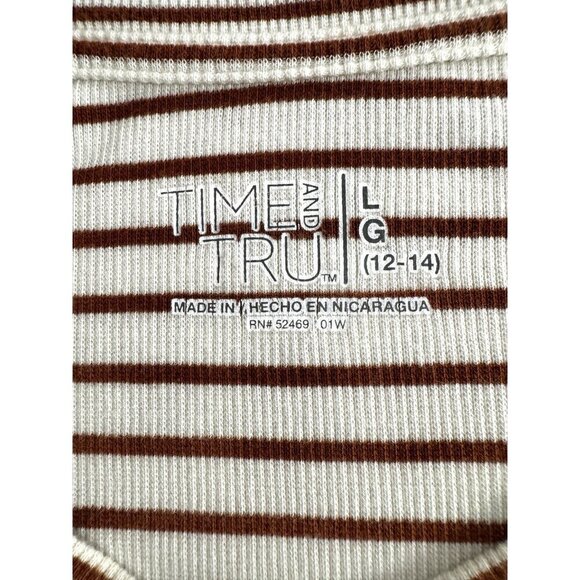 Women L Ribbed Thermal Top Rust White Stripe Cottagecore Minimalist Capsule Cozy - Picture 3 of 7